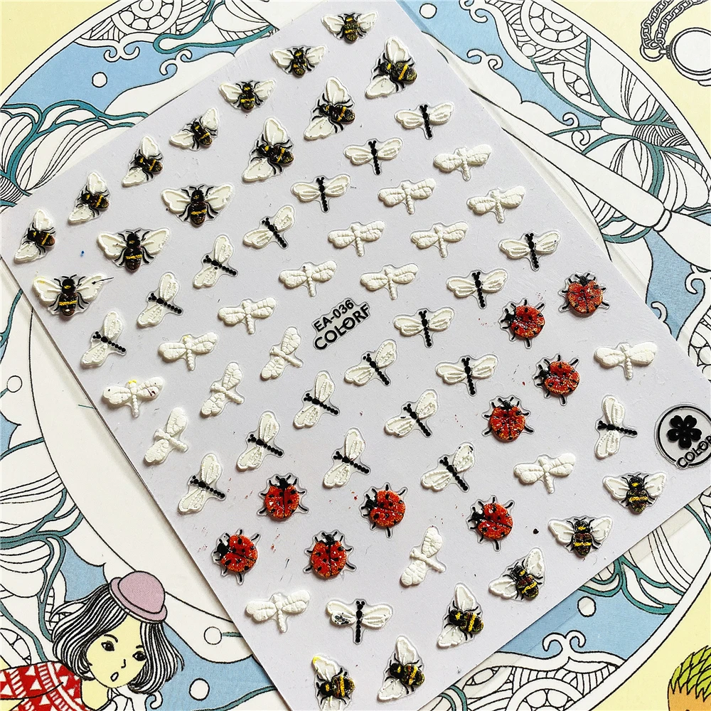 EA-036 EA-015 Dragonfly star ladybug panda Hollow animal 5D Back glue Nail Art Stickers Decals Sliders Nail ornament decoration