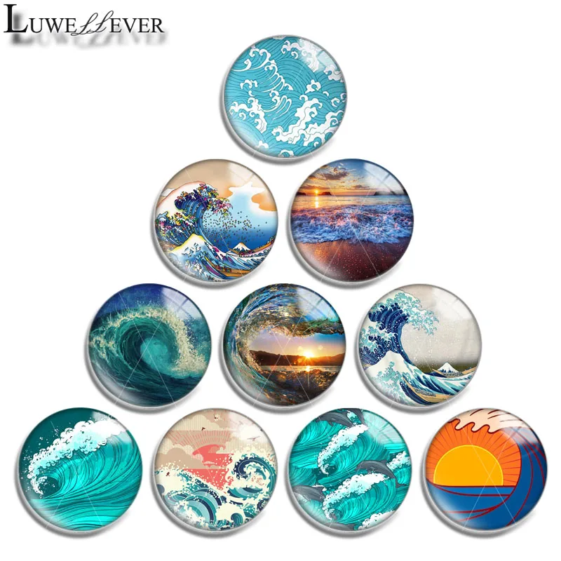 12mm 14mm 16mm 20mm 25mm 30mm 609 Wave Sun Mix Round Glass Cabochon Jewelry Finding 18mm Snap Button Charm Bracelet