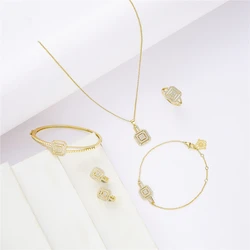 Wedding Gold Square Drill Crystal Jewelry Set For Women Fashion Copper Jewelry Set Necklace Ring Bracelet Earring