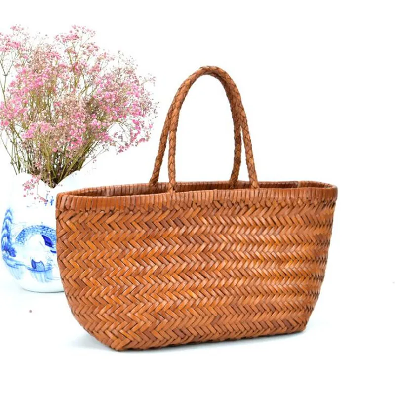 Cowhide woven bag100% Genuine Leather Woven casual vegetable basket bag with Casual Woven Inside Bag Vintage Shopping Bag