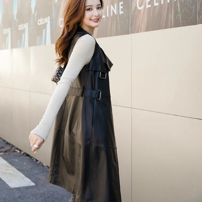 Quality High Women Natural Sheepskin Tank Dress Sleeveless Casual Ladies Buckle Genuine Leather Midi Dresses Slim Fit Outerwear