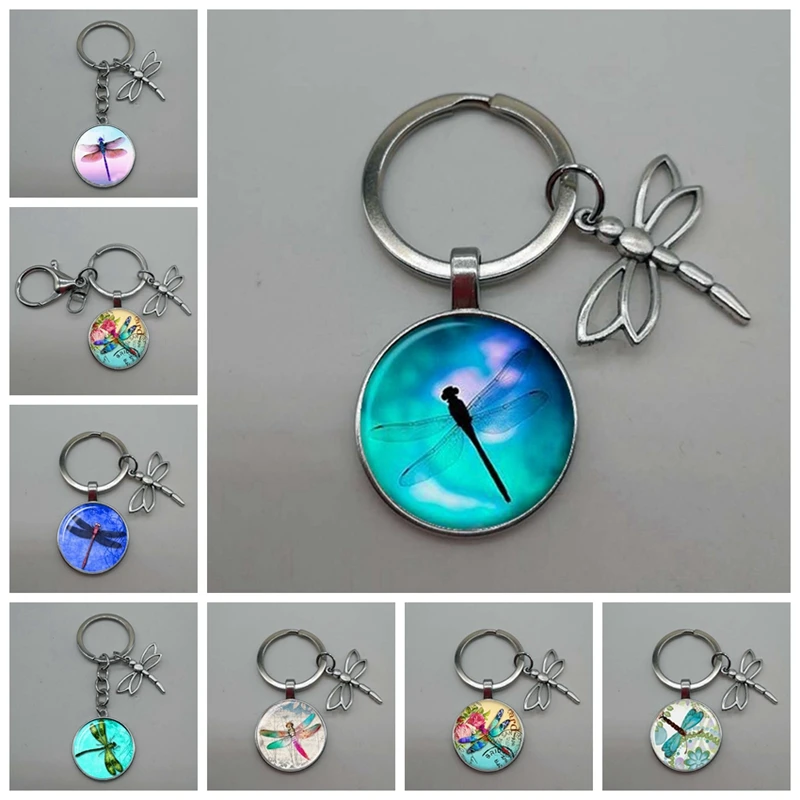 Rodada Vidro Keychain com Libélula Charme, Convex Charme, Animal Chaveiro, Acessórios do carro, 1