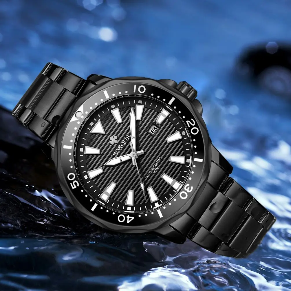 WWOOR Luxury Stainless Steel Men's Watches Sport Diving Quartz Clock Luminous Waterproof Military Wristwatch Relogio Masculino