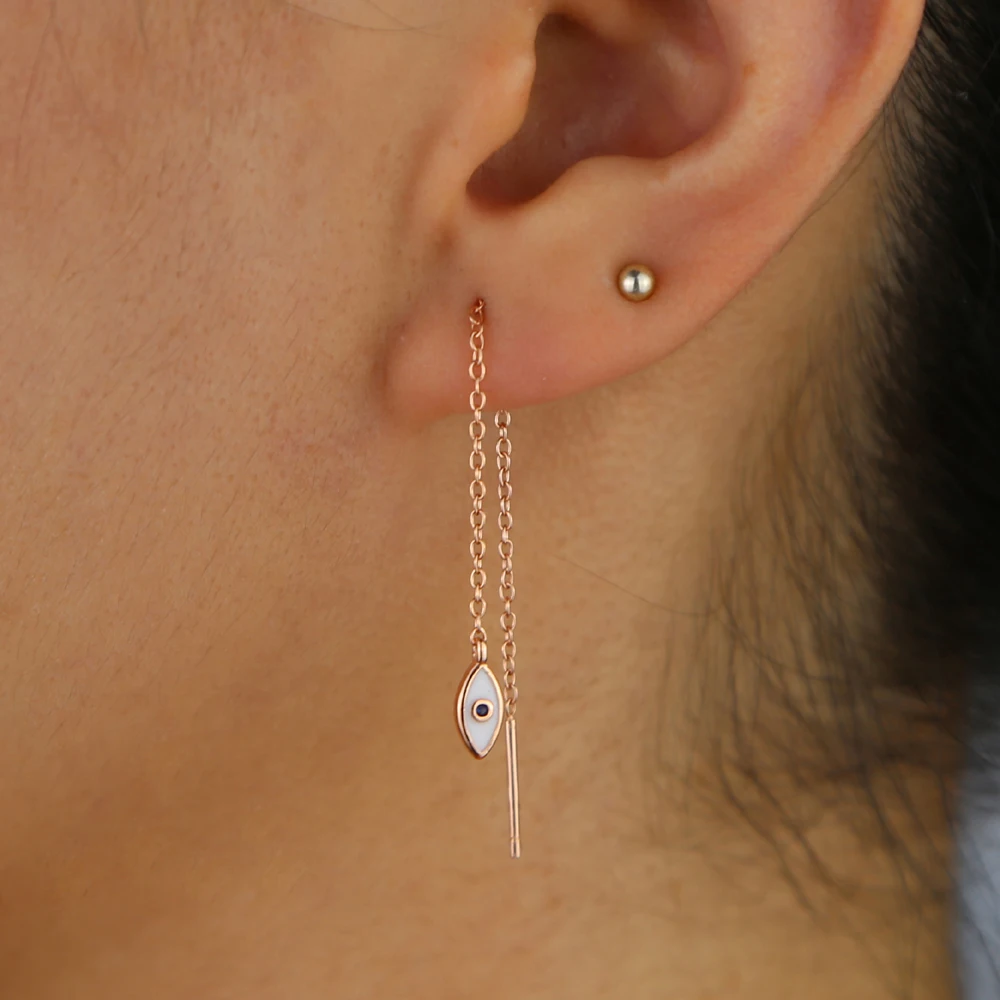 Long Chain Ear Threader Earring White Enamel Evil eye Charm Silver color Rose gold Turkish Fashion Earring Jewelry