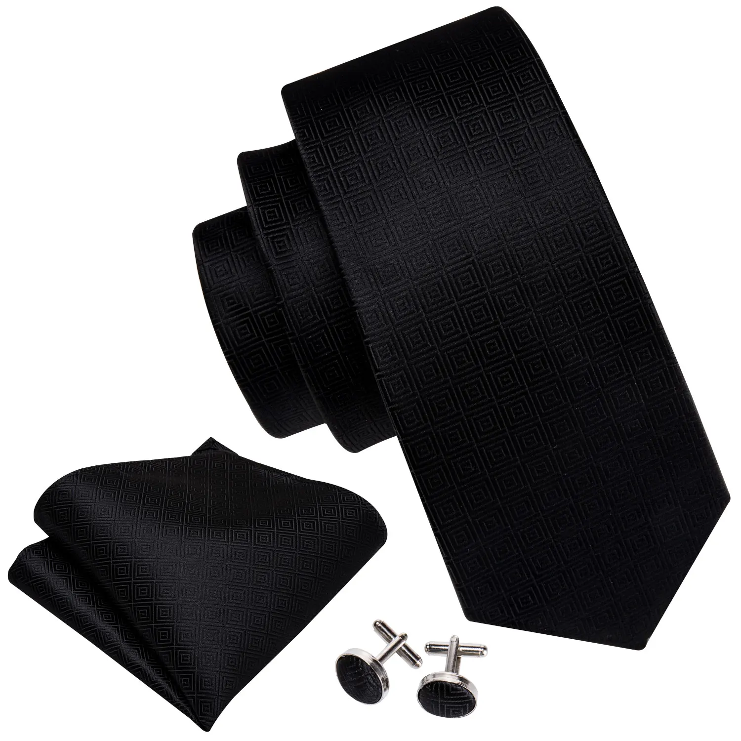 Black Geometric Tie Silk Tie For Men Wedding Tie Party Necktie Handkerchief Cravat Barry.Wang Fashion Designer Tie Set LS-5225