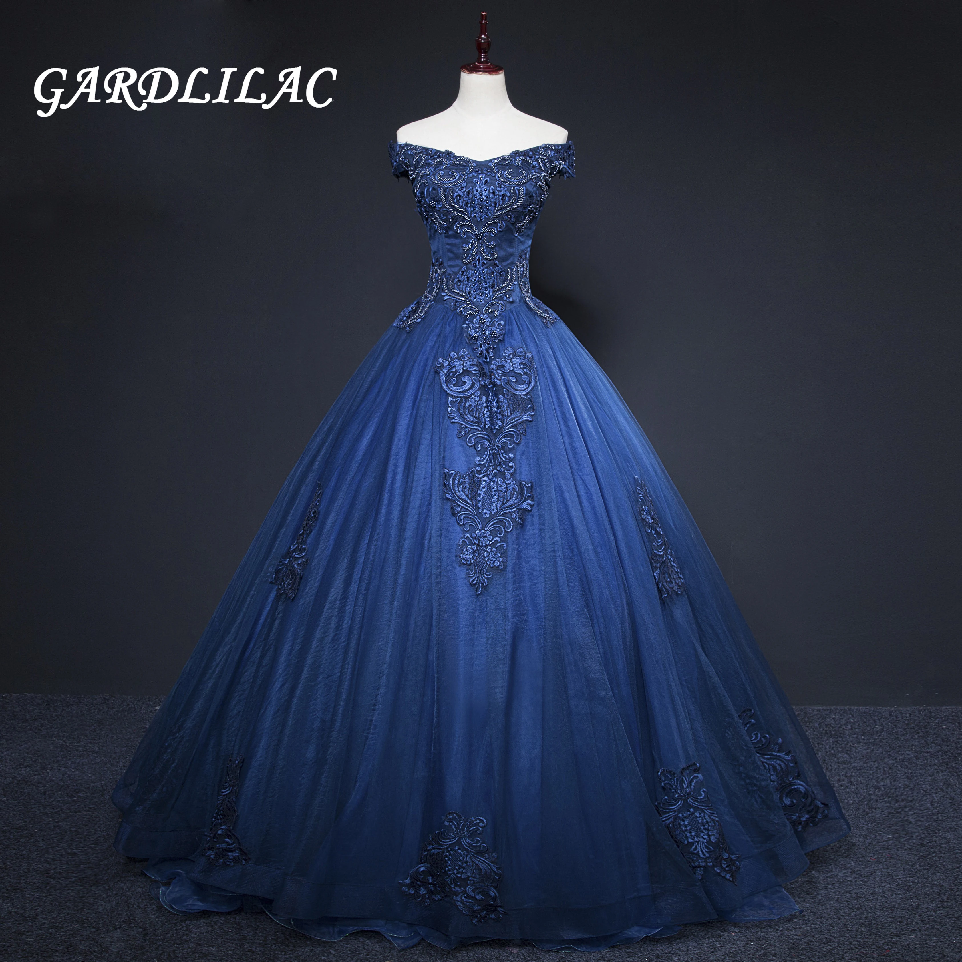 2021 New Off The Shoulder Quinceanera Dresses 레이스 아플리케 네이비 블루 롱 프롬 볼 가운