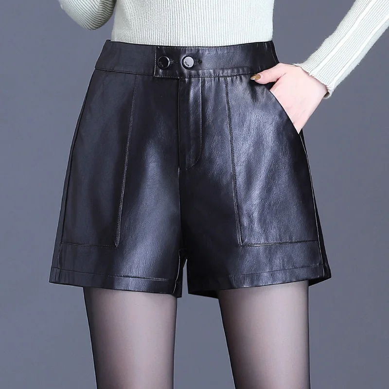 Autumn Pu Leather Shorts High Waist Ladies Casual Shorts Artificial Leather A-line Bottoms Wide-Legged Shorts Winter Women 5XL