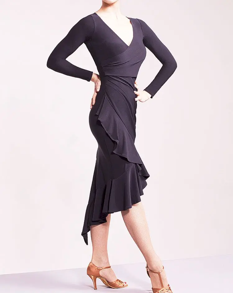 Black V Neck Latin Dance Dress Long Sleeve Salsa Dress Tango Dance Costumes Rumba Dress For Dancing Clothes Dance Wear