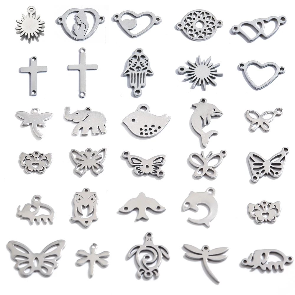 20Pcs Stainless Steel Laser Cut Cross Turtle Butterflies Elephant Bird Charms Animals Pendants For DIY Earrings Jewelry Making