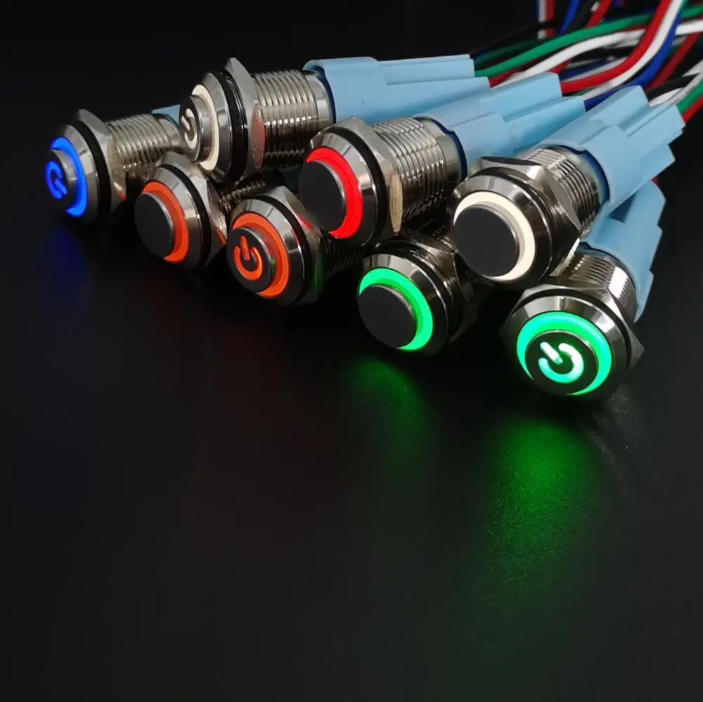 16mm Metal Push Button Switch High Head Ring Lamp Power Symbol Button Waterproof  LED Light Self-Lock Self-Reset Button 1NO1NC