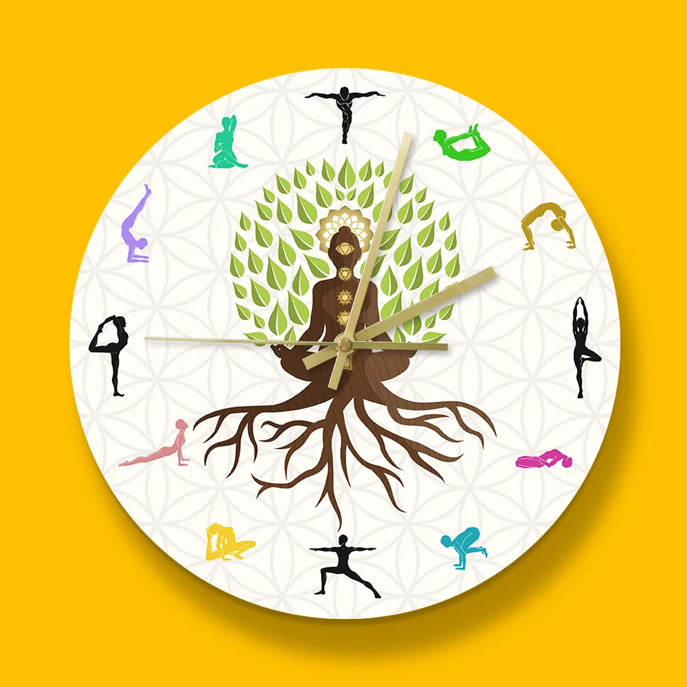 Yoga Studio Tree Of Life Colorful Wall Watch Clock  Natural Energy For Meditation Silent Horloge Klok Lotus Pose Tree Watch