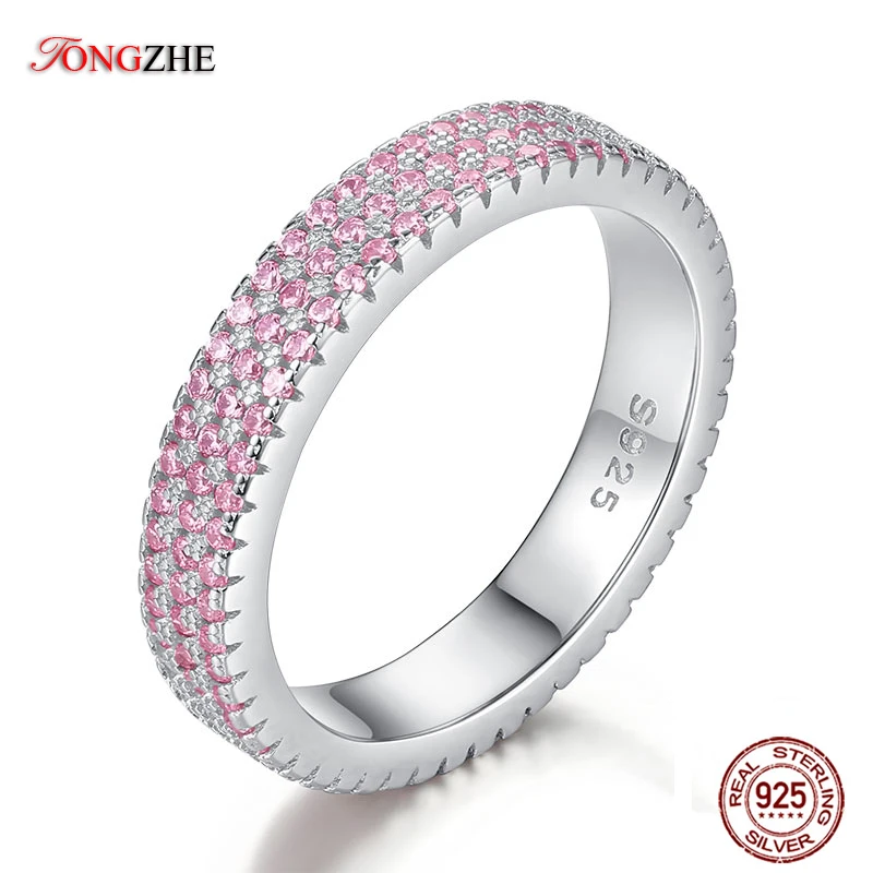 TONGZHE Wedding Engagement Pave Inlay Crystals Rings For Women 925 Sterling Silver Round Full Pink CZ Stones Gold Color Jewelry