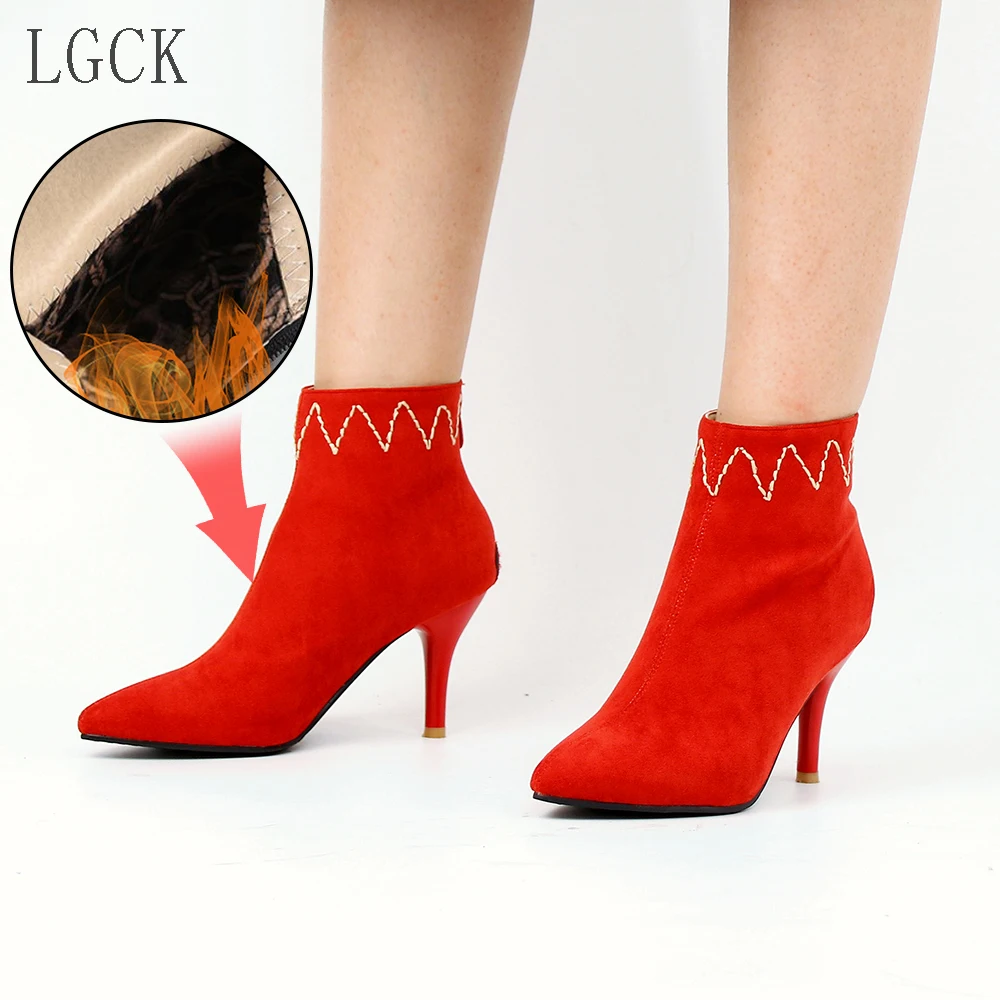 

Plus Size 34-48 Fashion Women Ankle Boots Stiletto High Heels Sexy Sock Shoes Pumps Cow Suede Pointed Toe Zip Boots Zapatos Muje