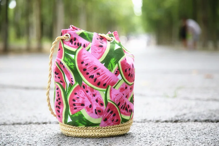 Borsa da donna 2021 Summer Canvas Bucket Vintage String Printing Weave Soft Watermelon Retro limo Pocket Beach Bag ad alta capacità