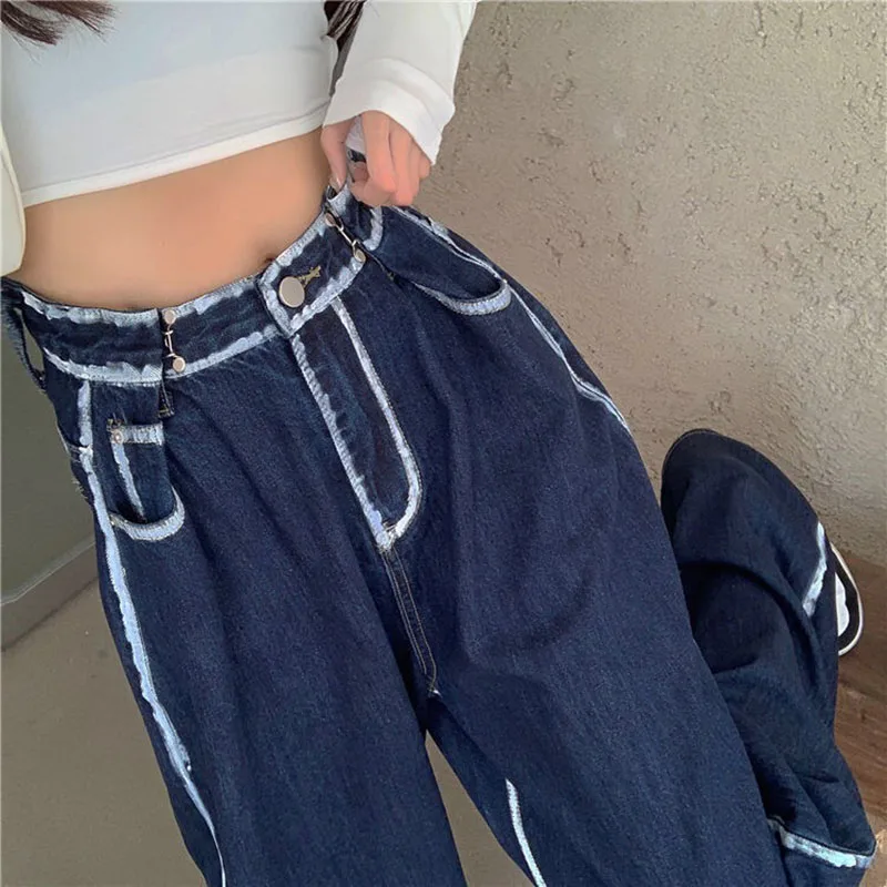 Jean Vintage taille haute à lacets pour femmes, pantalon surdimensionné à jambes larges, Baggy, Streetwear, noir, bleu, vêtements rétro, été, XS-XXL