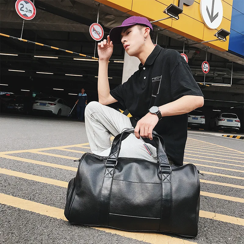 PU Leather Men Travle Bags Vintage Layered Men Duffel Bag High Quality Handbags for Male Large Capacity Sports Gym Business Bag