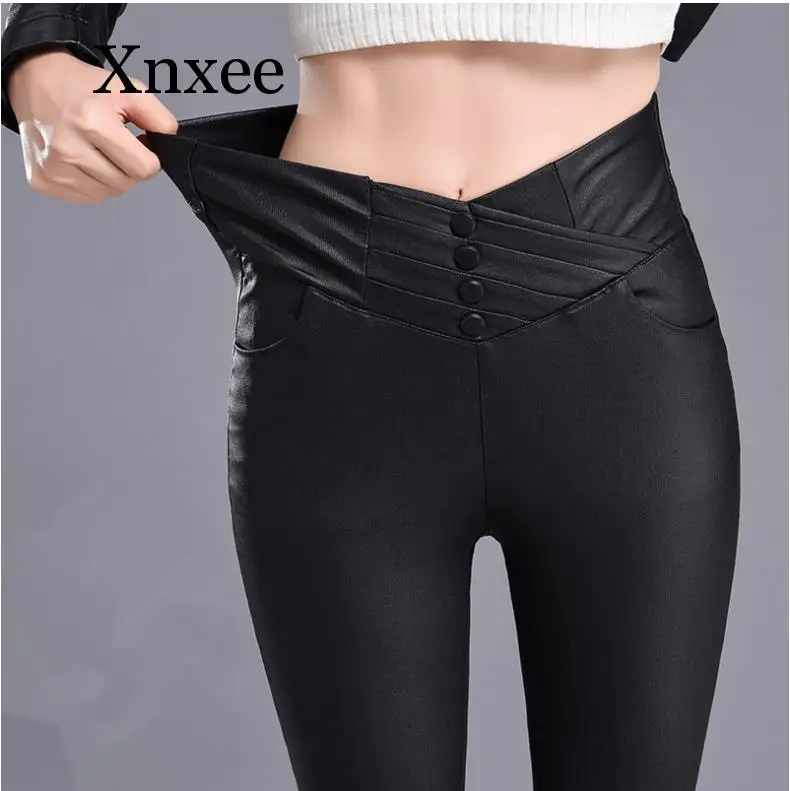 

Autumn Winter women leather pants High waist elastic shiny trousers slim female pencil leather pants women pantalon femme