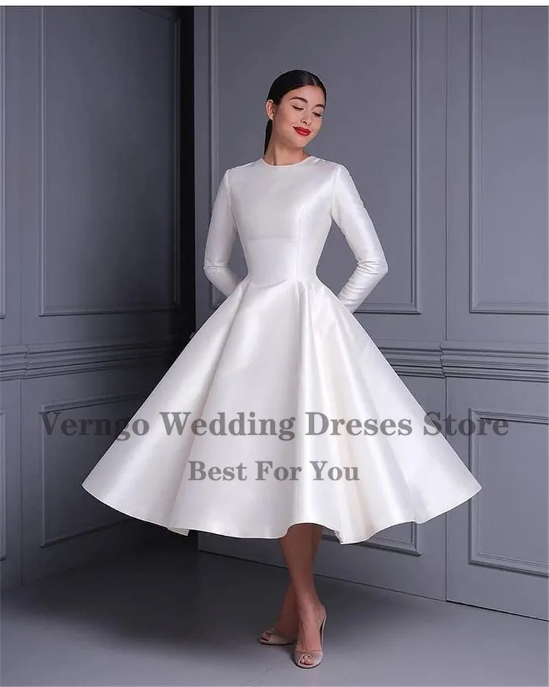 Verngo-Robe de mariée ligne A en satin simple, hors de l'initiative, convertible, longueur de thé, robe de patients pour la fête de fiançailles personnalisée