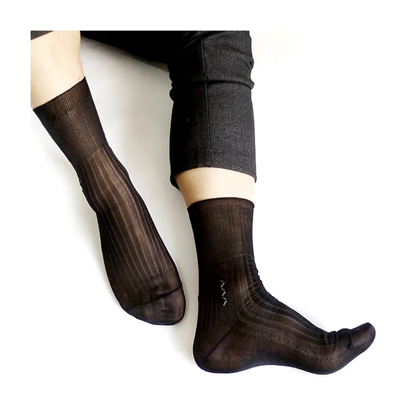 Calcetines de nailon para hombre, medias sexys de cuero, para vestir, para traje, negro, gris, marrón, azul