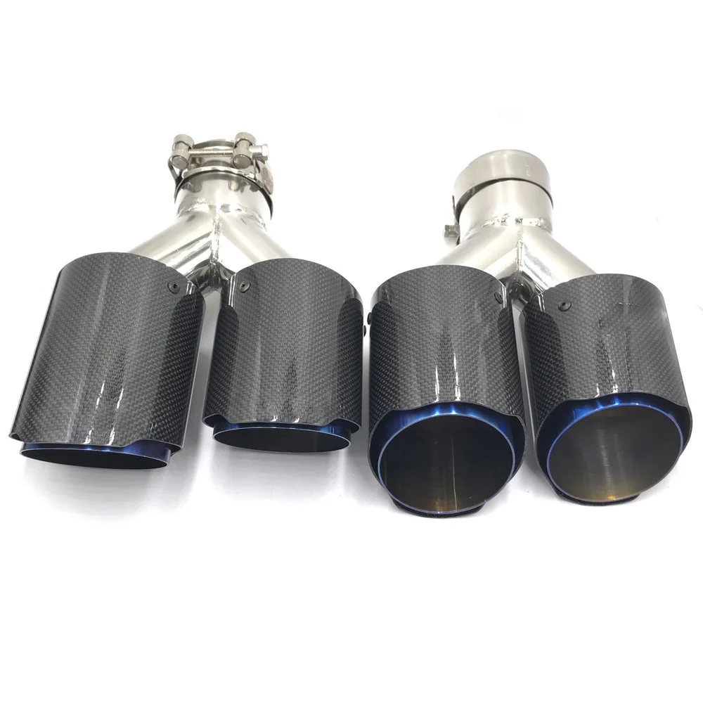 1 Pair: Glossy Carbon Fiber +Blue Dual Stainless Steel Universal Exhaust System End Pipe+Glossy Carbon Exhaust Tip For Ak