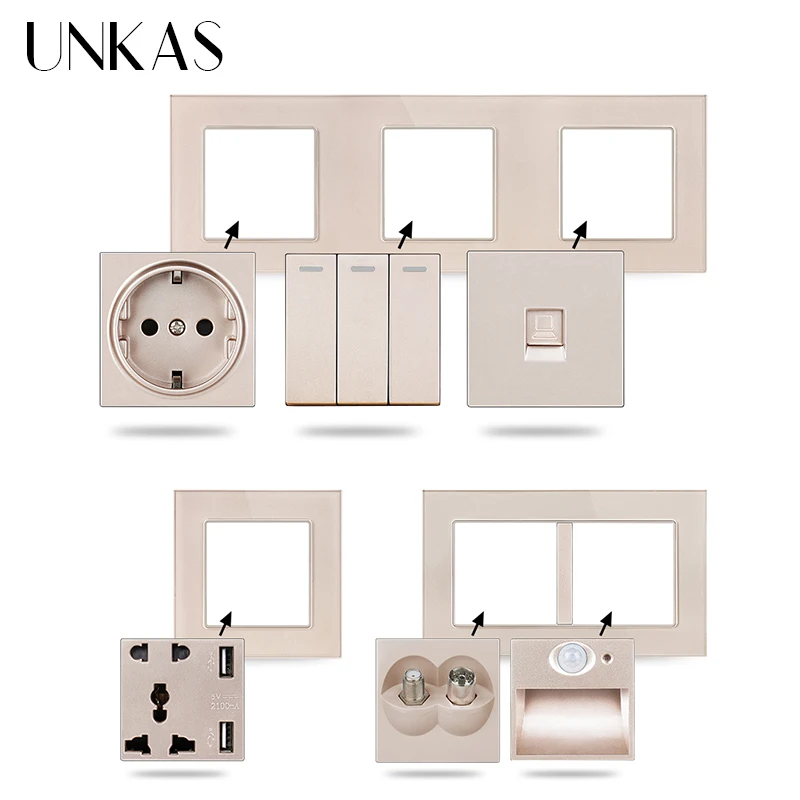 UNKAS Gold Glass Panel DIY Free Combination French EU Dual USB 1 2 3 4 Gang 1/2 Way On/Off Push Button Switch 5 Hole Type C