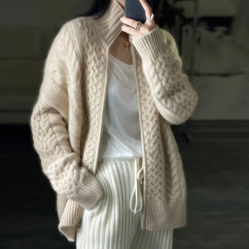 European station autumn and winter thick high-necked cashmere knitted Cardigan woman loose thin zipper sweater coat wool coat