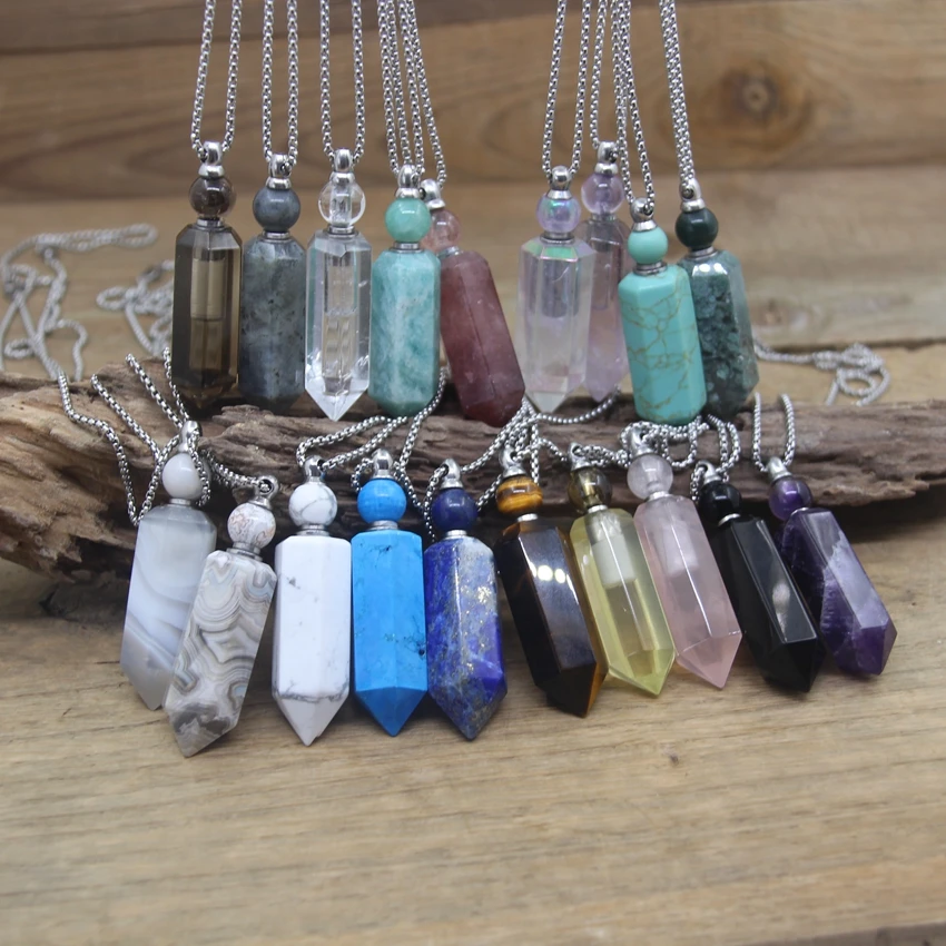 Natural Gems Crystal Hexagonal Point Essential Oil Vial Pendant Necklace Obsidian Turqupises Perfume Bottle Charm Jewelry QC1041