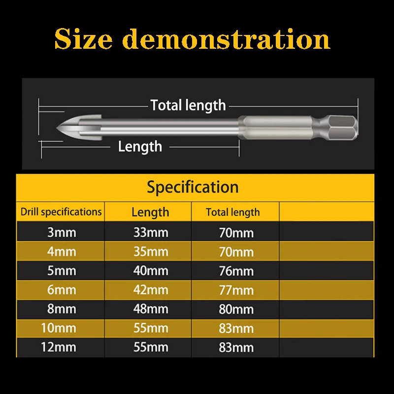 Brick and Glass Crosshead Drill Bits, Hard Alloy Glass Drill Bits, 4-blade Alloy Triangular Drill Bits, Metal Tools3-12