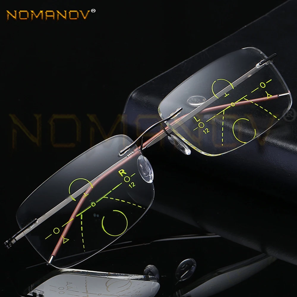 

Ultra-light Rimless Black and Grey Frame Fashion Men Women Progressive Multi-focus Reading Glasses Add 75 100 125 150 175 to 400