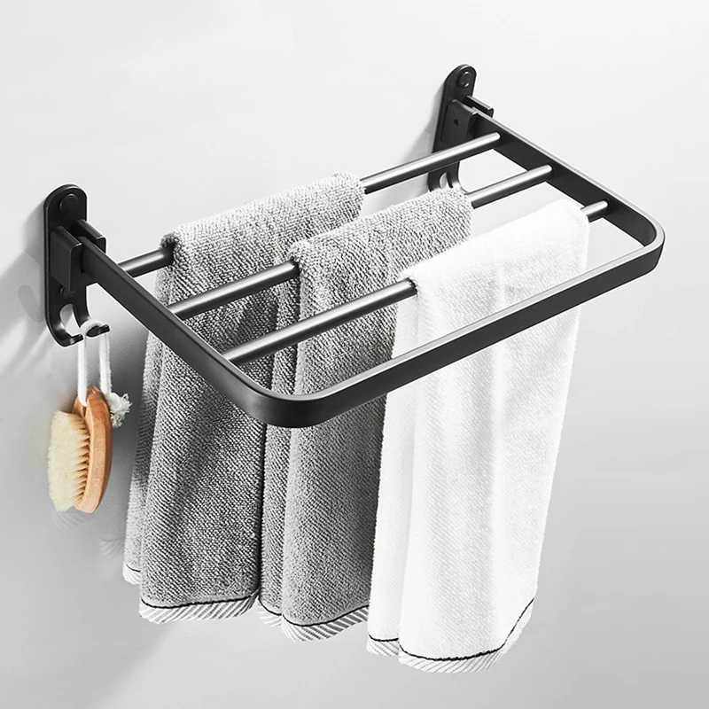 Aluminum Black Bathroom Towels Rack Hanger Hook Bathroom Wall Mount Storage Shelf Bathroom Accessories