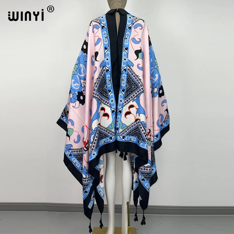 WINYI  Fashion lapel kimono Dress free Size Women's full Sleeve Floral Printed Elegant Casual Vacation Loose Dresses