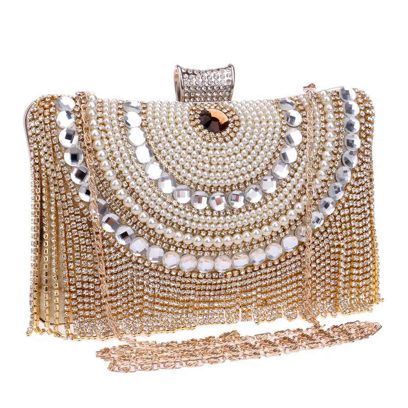 Tassel Women Clutch Bags Beaded Wedding Party Evening Bags Diamonds Pearl Luxury Handbags With Chain Shoulder Purse