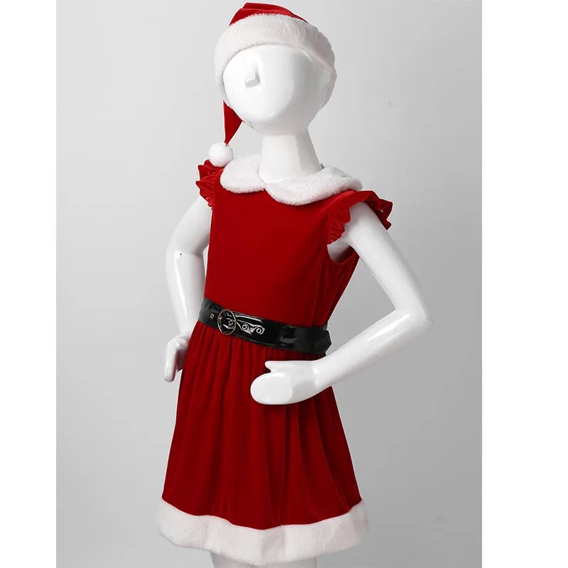 Kinder Sleeveless Rot Samt Kleid mit Hut und Bund Sets Mädchen Weihnachten Kostüm Urlaub Lust Cosplay Party Weihnachten Elf Outfit