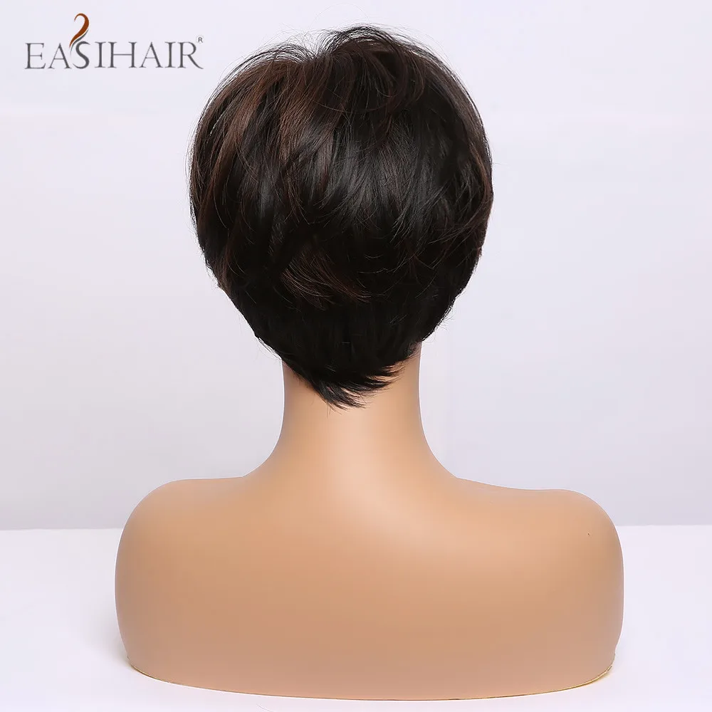 EASIHAIR Short Black Straight Brown Highlight Wigs With Pixie Cut Bangs High-temperature Fiber Synthetic Wigs Cosplay for Women