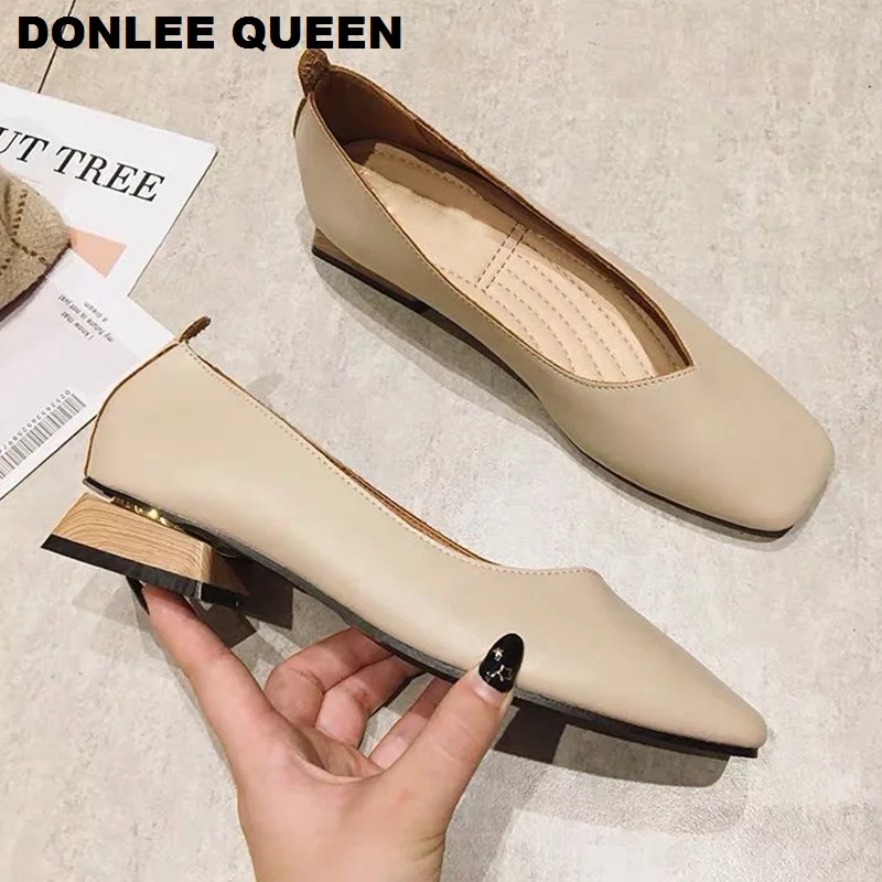 New Spring Flats Shoes Women Wooden Low Heel Ballet Square Toe Shallow Brand Shoe Slip On Loafer zapatos de mujer big size 36-41