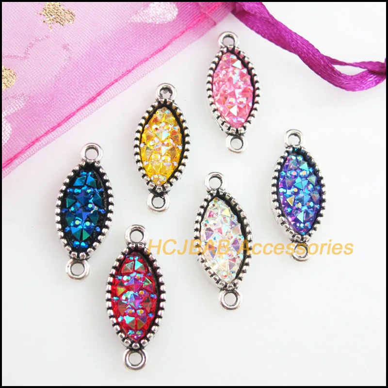 12 New Oval Charms Tibetan Silver Tone Retro Mixed Resin Connectors 10x24mm