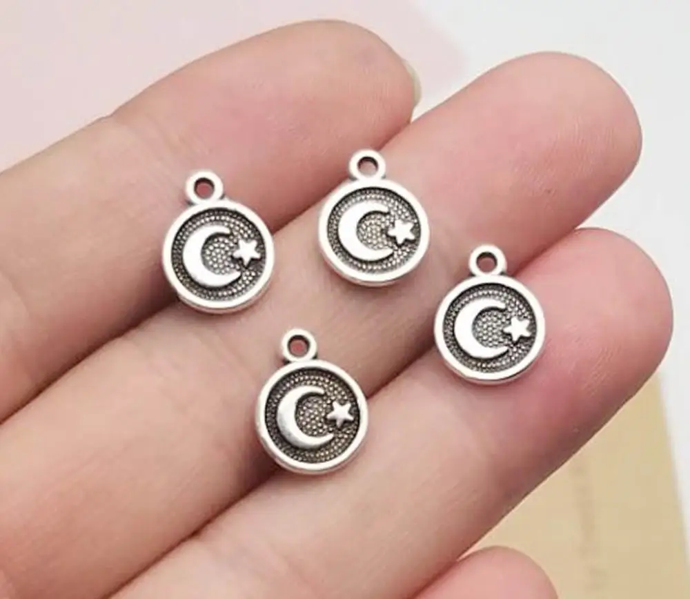 

80pcs/lot--9mm Antique Silver Plated Round Monn Pendants Mini Star Charms For DIY Supplies Jewelry Making Accessories Wholesale