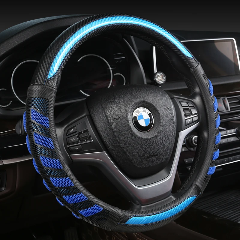 Carbon Fiber Cowhide Car Steering Wheel Cover 38CM Non-slip Wear-resistant Sweat Absorbing Fashion Sports Steering Wheel Cover