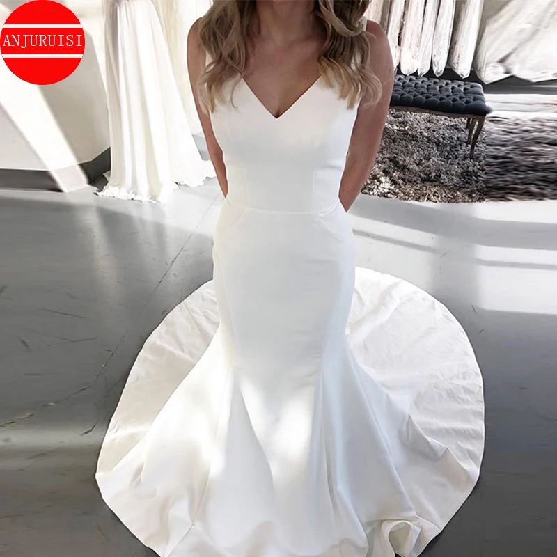 

Sexy V-neck Simple Wedding Dresses Sleeveless White Ivory Satin Mermaid Vestidos De Noiva Backless Bridal Gown 2020 With Pockets