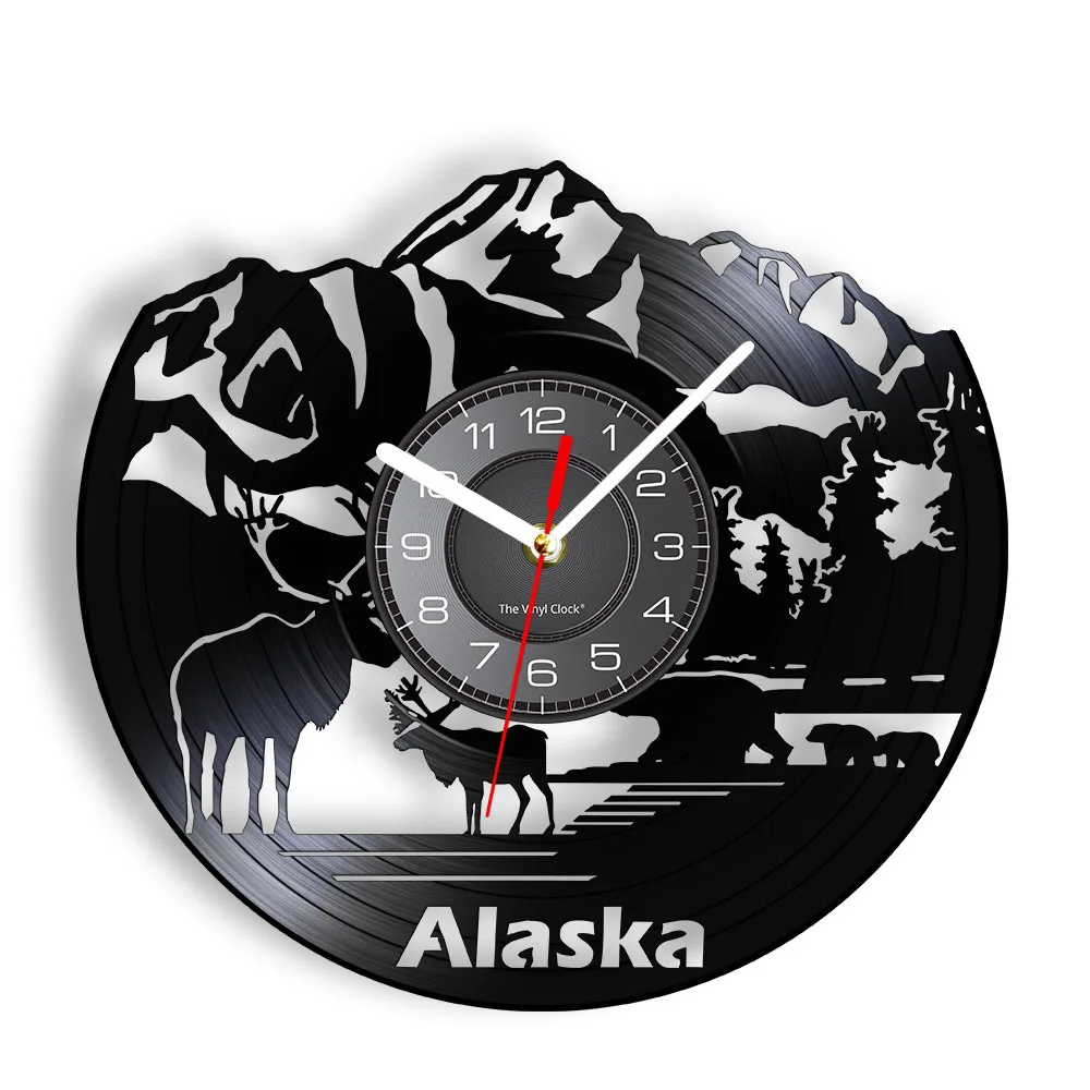 Alaska United States Glacier Art Wall Clock Denali Snow Mountain and Deer Wildlife Decor Travel Vinyl Record Hanging Watches