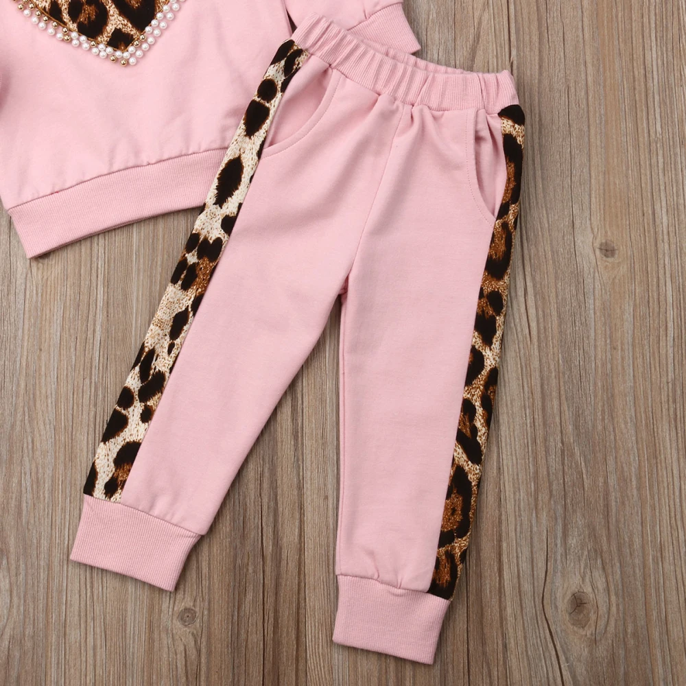 1-5 Years Autumn Winter Toddler Kids Baby Girls Clothes Tracksuit Sets Pink Long Sleeve Leopard Tops Long Pants Outfits