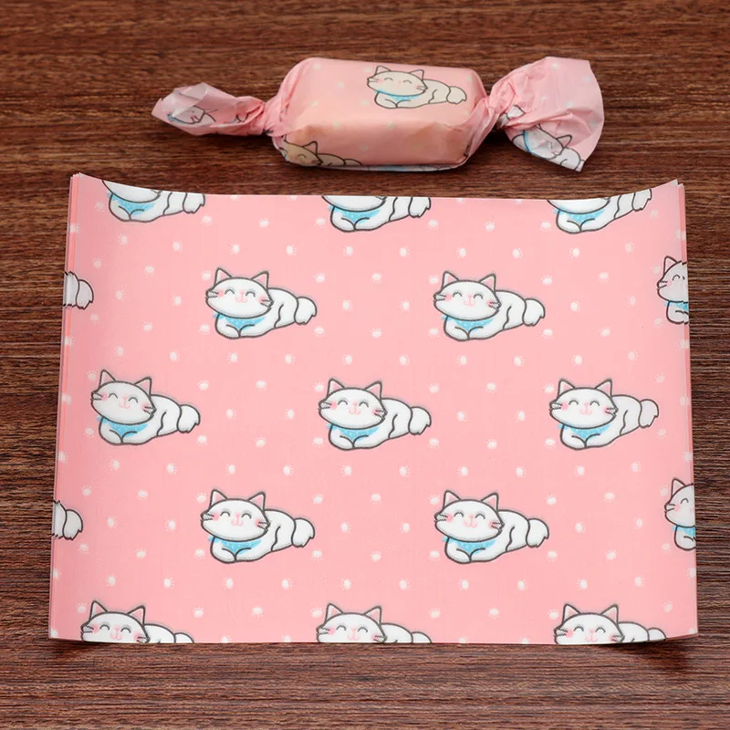 500pcs/lot Cartoon Cute Elegant White Cat Dessert Nougat Wrapping Paper Pink Frosted DIY Polka Dot Twisting Wax Paper Gift Wrap