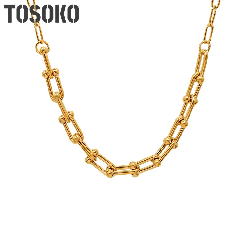 

TOSOKO Stainless Steel Jewelry U-Shaped Horseshoe Buckle Necklace Handmade Texture Fashion Clavicle Chain BSP998