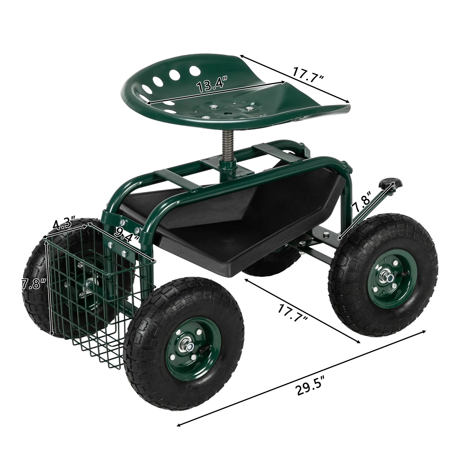 75x45x47CM Iron Short Handle Garden Seat Car With Storage Basket Green[US-Stock]