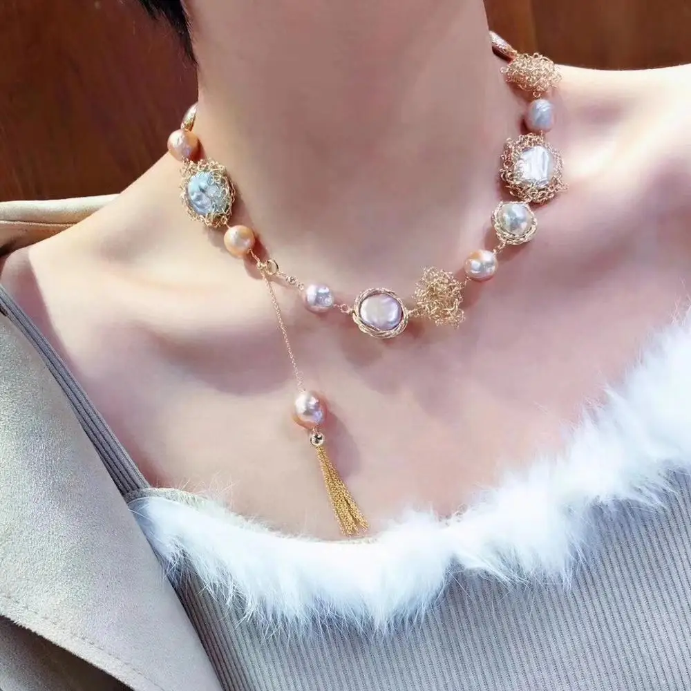 

AtF Baroque Pearl Pendant Necklace 14k Gold Filled Clasp Choker High Quality Chain New Personality Handcrafts For Women