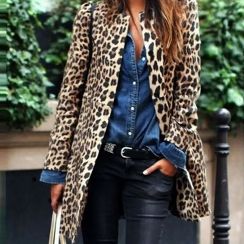 Women Leopard Cardigan Jacket Sweater Top Warm Casual Winter Long Sleeve Coat