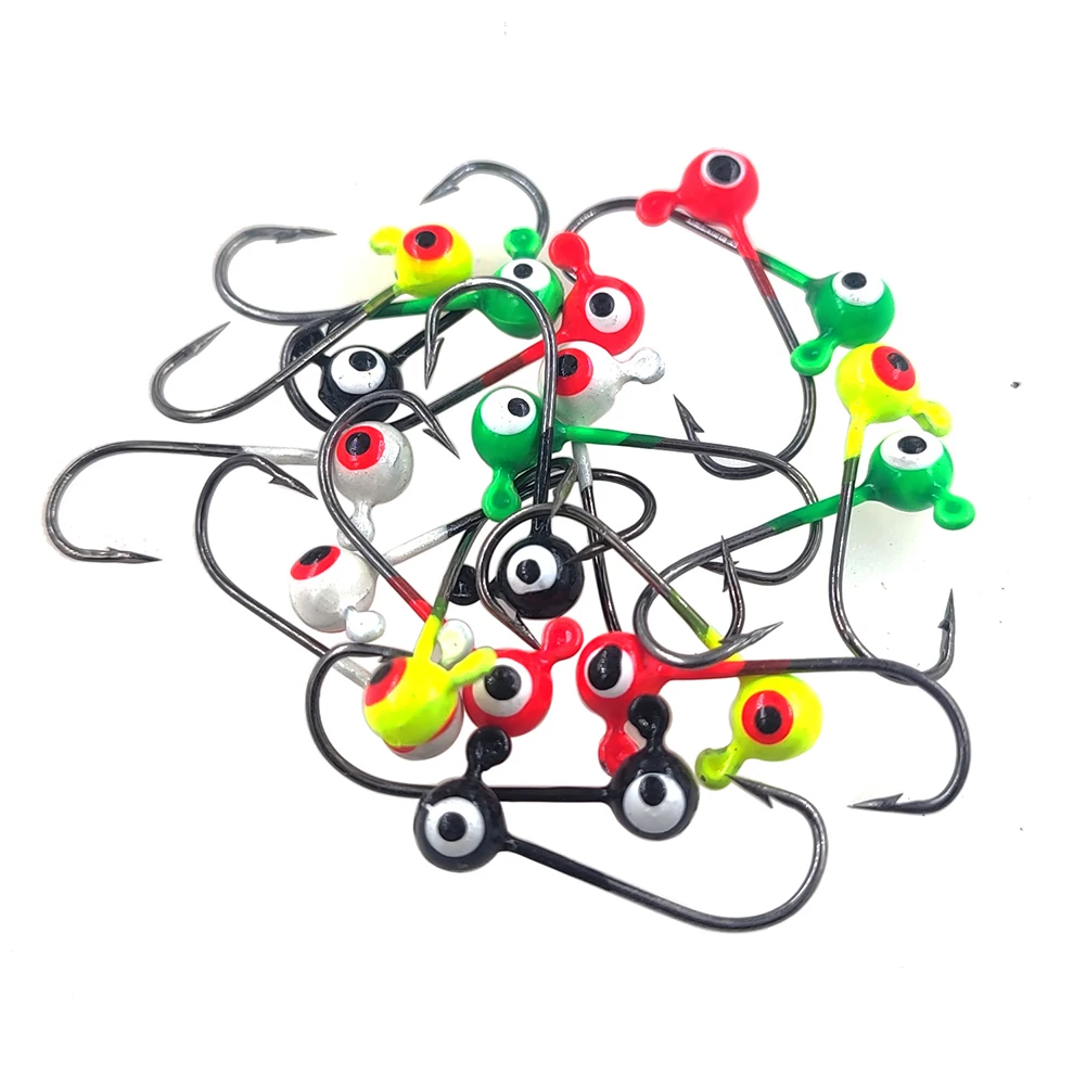 20-pieces Fishing Hooks Painted Jigheads 1g Round Double-eye Jigs Hook Jigging Soft Baits Worm Hook