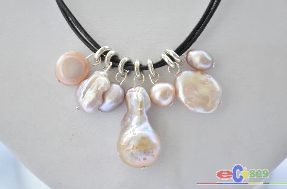 

P5099 2row 19" 28mm Lavender Baroque KESHI REBORN PEARL Pendant Black Leather Chain