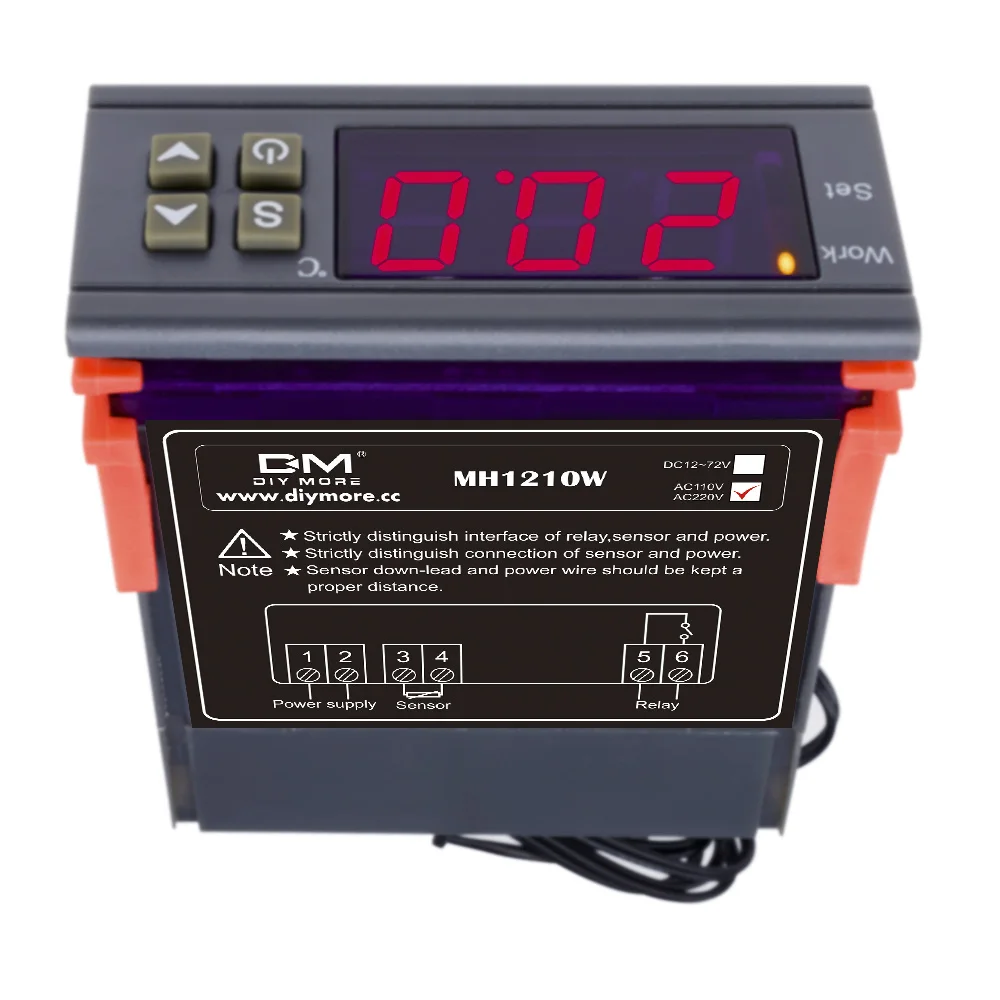Imagem -04 - Controlador de Temperatura com Sensor Controle de Resfriamento de Aquecimento Mh1210w dc 12v 24v ac 90250v 10a 220v Regulador Termostato com Sensor50110c