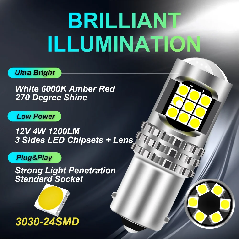 2Pcs P21W Led 1156 T20 W21/5W 7443 P21/5W 3157 1200LM W21W Car Bulb 7440 BA15S BAY15D PY21W Auto DRL Light 1157 White 12V Lamp